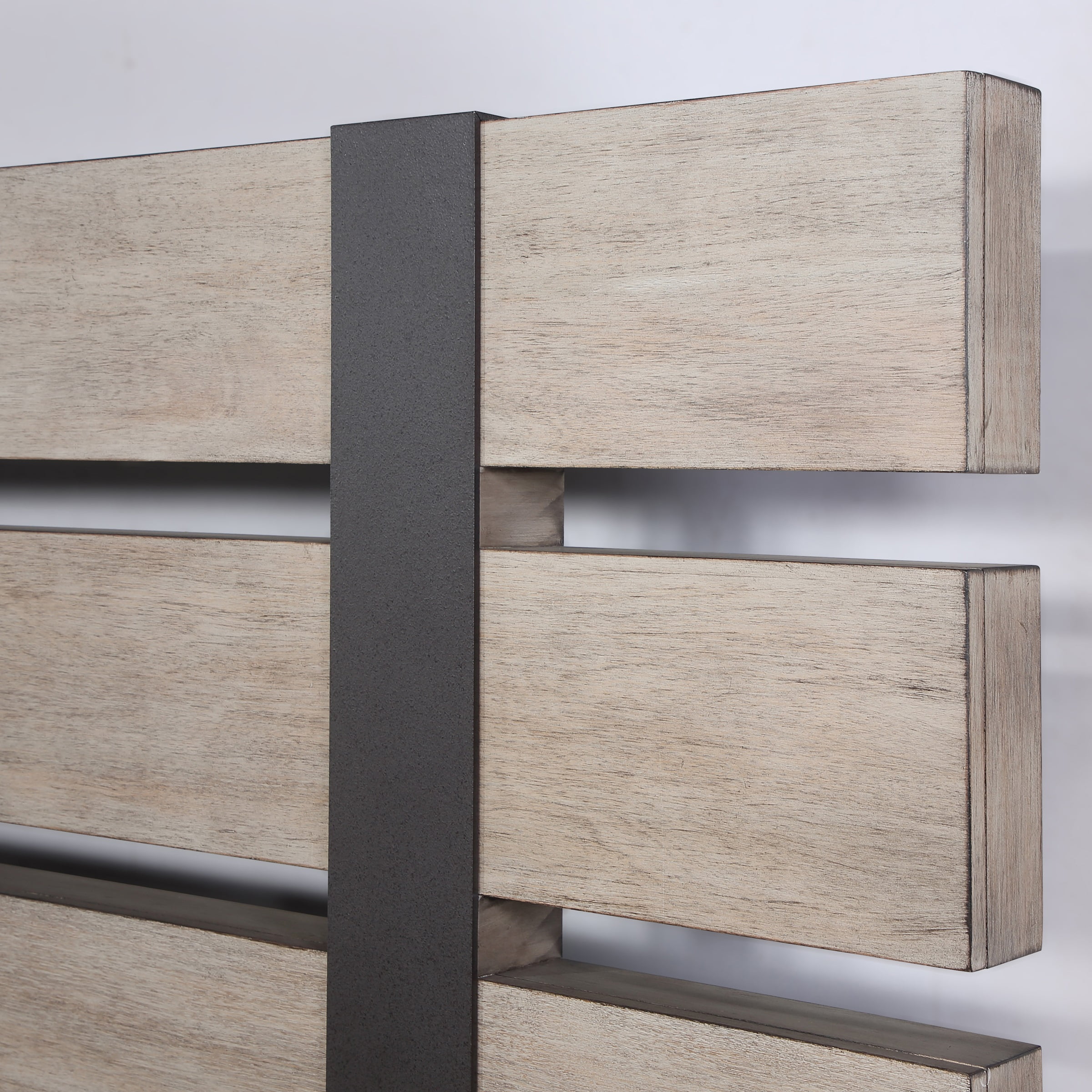 Arbela Wood Slatted Panel Bed with Dresser, Mirror, and Two Nightstands, King, Weathered Oak Finish