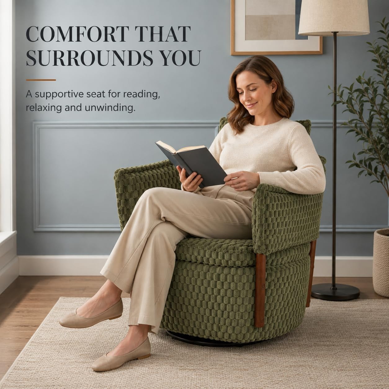MOONIMSS 360°Swivel Accent Chair, Corduroy Vanity Chair with Storage,Green