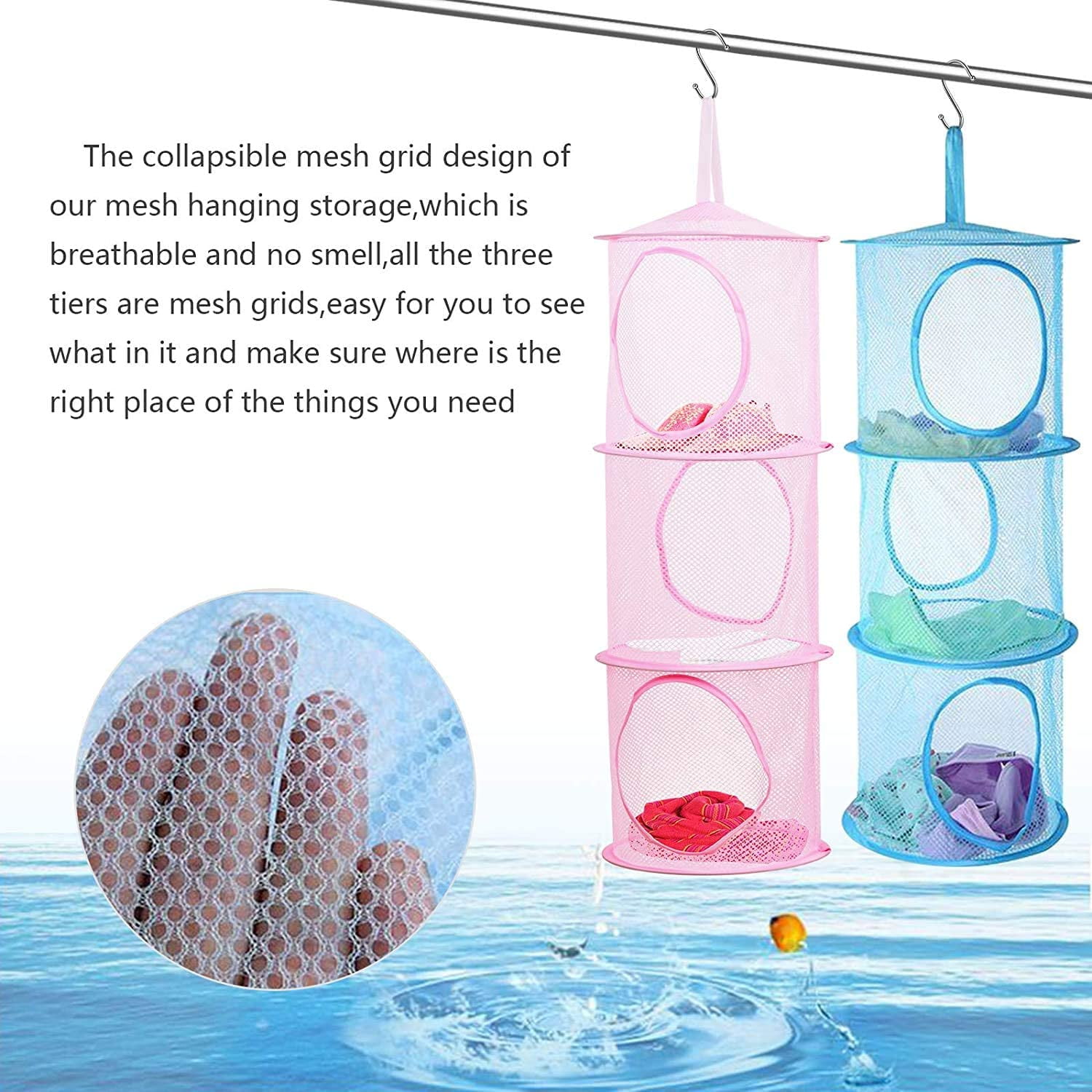 Coastal Rose 2pcs Hanging Mesh Stuffed Animal Storage Hammock Net, Foldable Toy Storage Organizer 3 Compartments Net for Stuffed Animals Corn