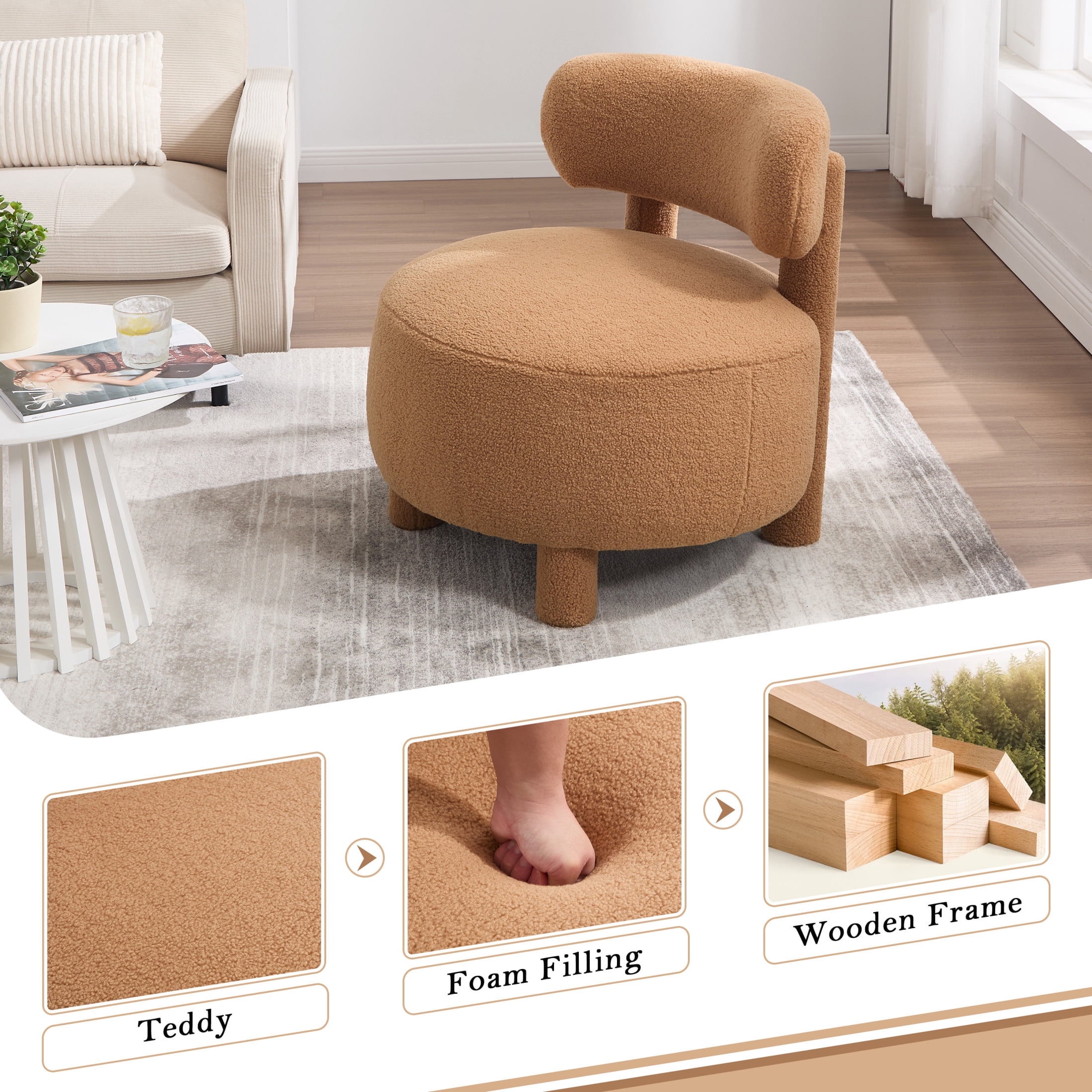 Noble House Dorell Teddy Upholstered Dining Chair, Wooden Frame Reading Side Chair with Curved Backrest, Khaki