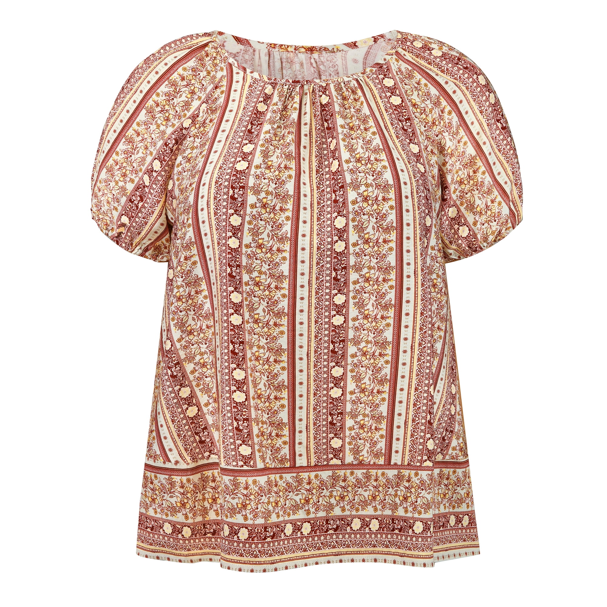 DARING DIVA Women's Plus Boho Floral Round Neck Puff Sleeve Blouse 3X Dark Red