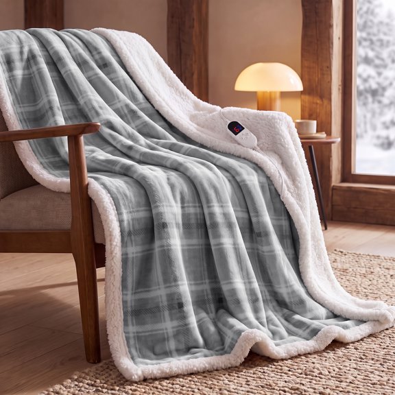 ELEKA Heated Blanket Throw Electric, 50" x 60", 8 Heat Settings, 8H Auto-Off, Machine Washable, Grey White Plaid