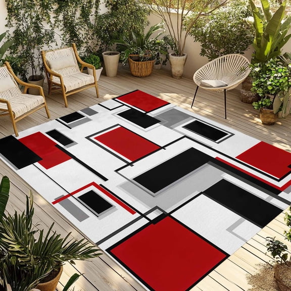 Fsddascl Red Grey Black Outdoor Rug for Patio/Deck/Porch, Non-Slip Large Area Rug 4 x 6 Ft, Irregular Modern Abstract Geometric Indoor Outdoor Rugs Washable Area Rugs, Reversible Camping Rug Carpet