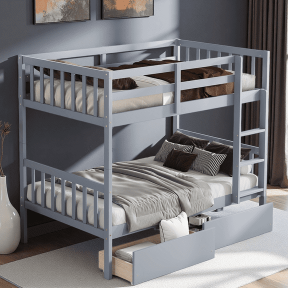 Twin Over Twin Bunk Bed with 2 Drawers, Solid Rubber Wood Convertible Bunk Bed, Separates into 2 Twin Beds, Ladder with Safety Guardrails, No Box Spring Needed ,Grey