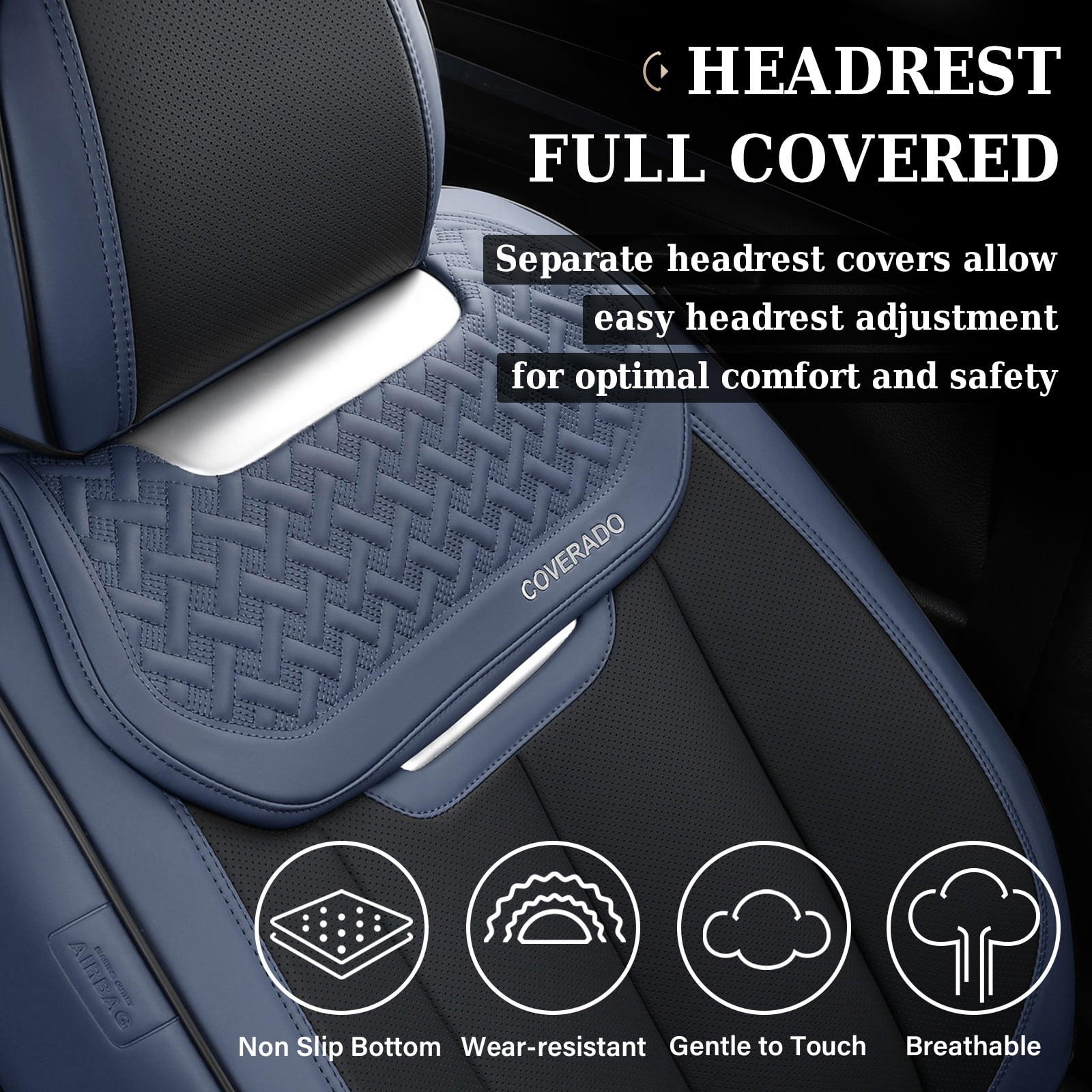 Coverado Front Car Seat Covers, Luxury Leather Car Seat Protectors, Automotive Interior Cushions Universal Fit Most Cars, Black&Blue