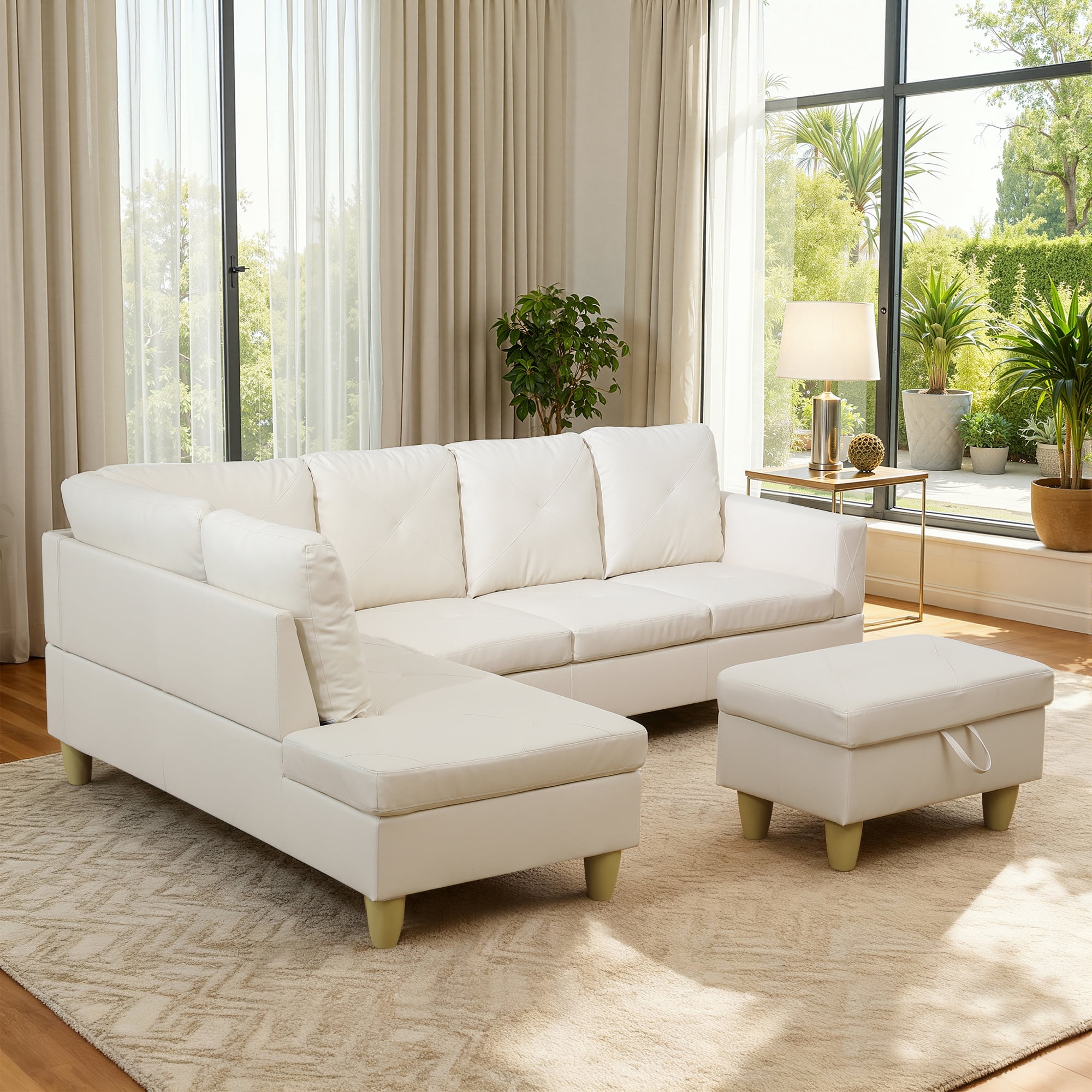 MAYEERTY 97" Faux Leather Sectional Sofa, 3-Piece Couch Living Room Sofa Set with Ottoman, White (Left)