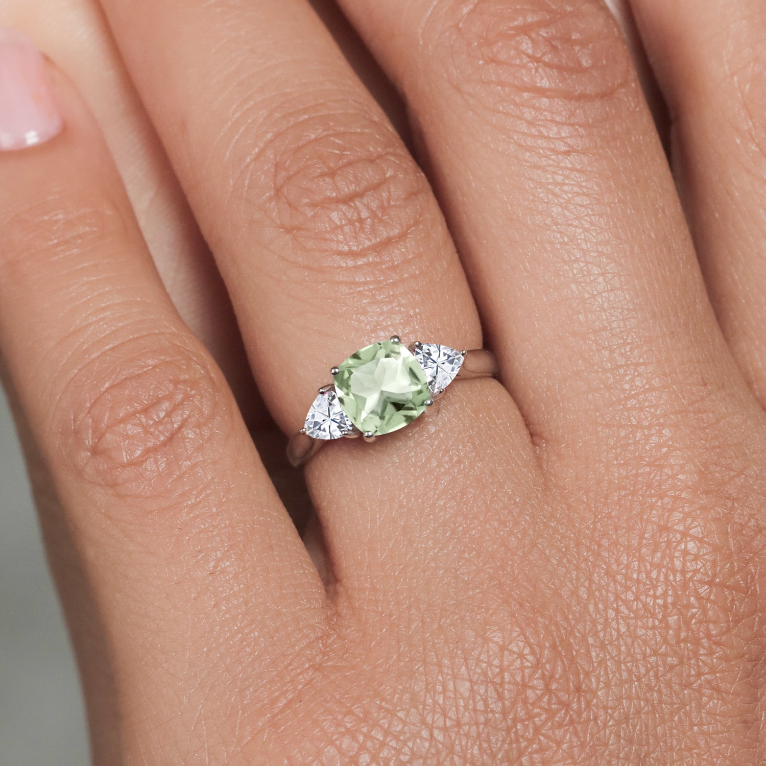 Gem Stone King 10K White Gold Green Prasiolite and White Moissanite 3-Stone Engagement Ring for Women (1.86 Cttw, 7MM Cushion and 4MM Trillion, Size 7)