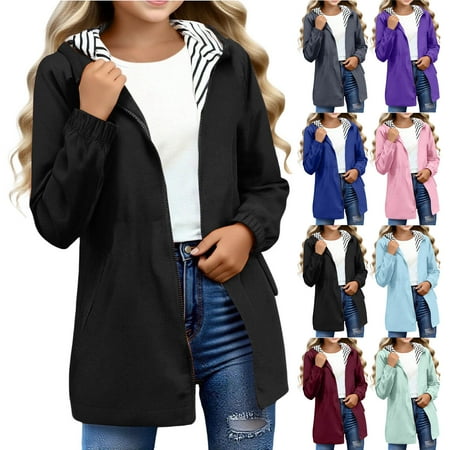 HAOTAGS Teen Girls Boys Hooded Windbreaker(5-15) Long Sleeve Zip Up Waterproof Rain Jacket Casual Outerwear Purple 9 Years