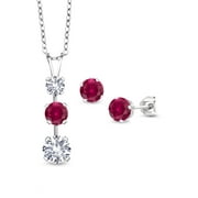 Gem Stone King 925 Sterling Silver White Created Sapphire and Red Created Ruby Pendant and Earrings Jewelry Set For Women (4.25 Cttw, Gemstone September Birthstone, with 18 inch Chain)
