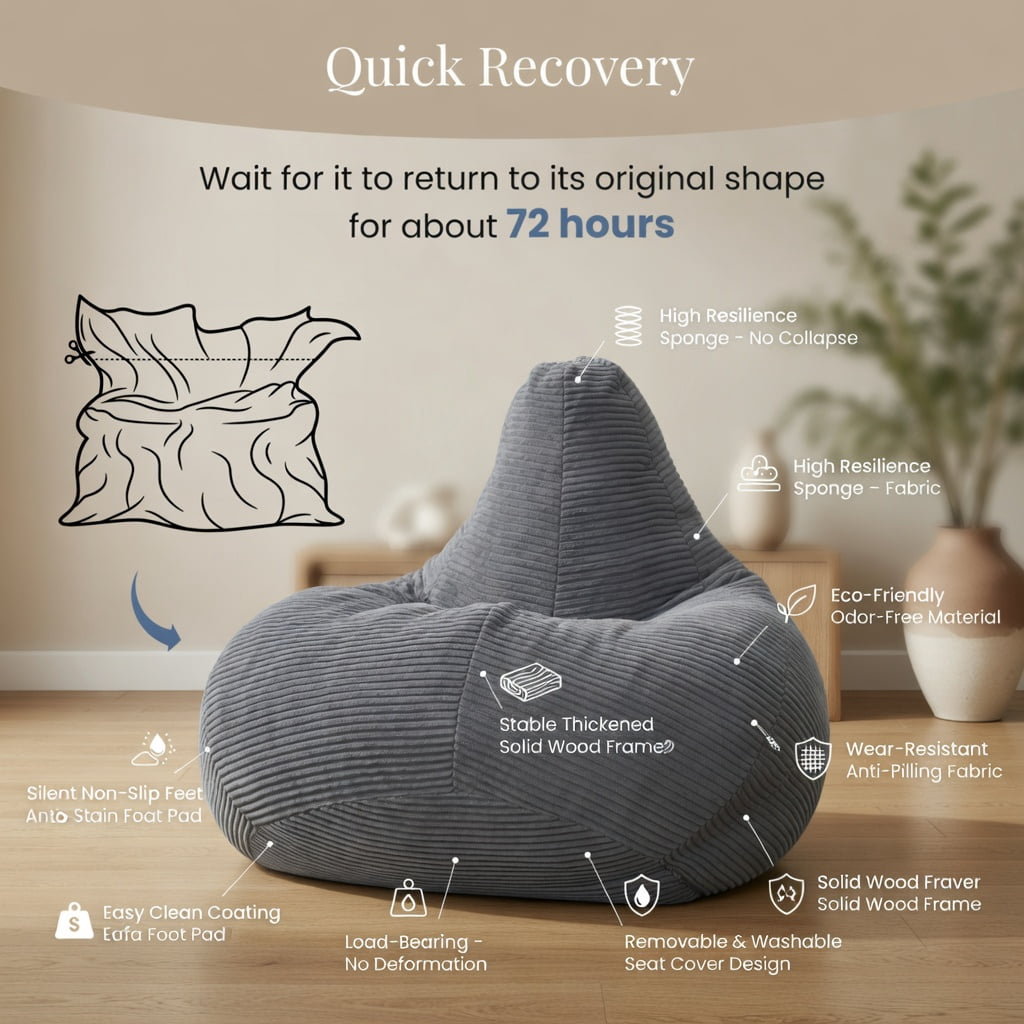 Hommoo Bean Bag Sofa Chair Lazy Sofa Chair, Ultra Soft Lazy Sofa with Skin-friendly Corduroy Cover and Soft Sponge Filling, Dark Gray