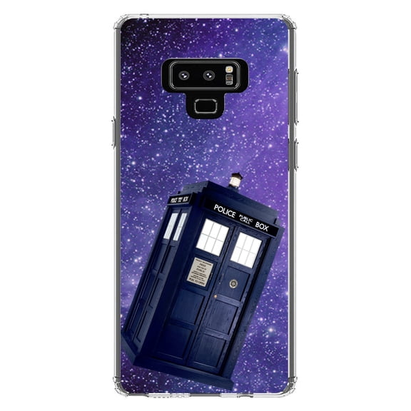 DistinctInk Clear Shockproof Hybrid Case for Samsung Galaxy Note 9 - TPU Bumper, Acrylic Back, Tempered Glass Screen Protector - TARDIS Floating in Space