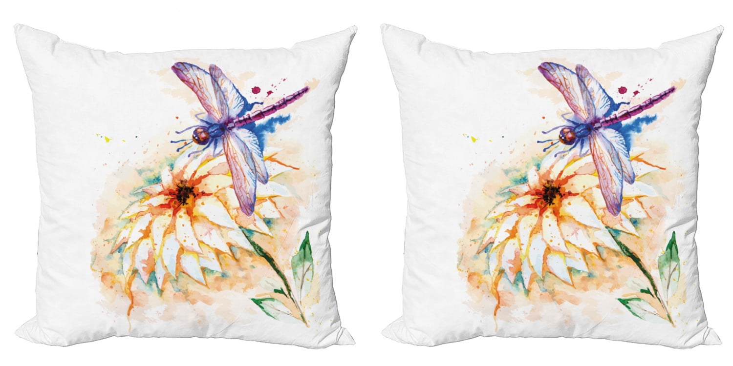 Dragonfly Throw Pillow Cushion Cover Pack of 2, Watercolor Lily Flower