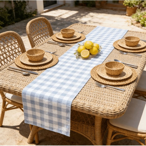 Blue Gingham Linen Table Runner, 13×71 Inch Plaid Farmhouse Runner for Dining Table, Kitchen & Holiday Decor