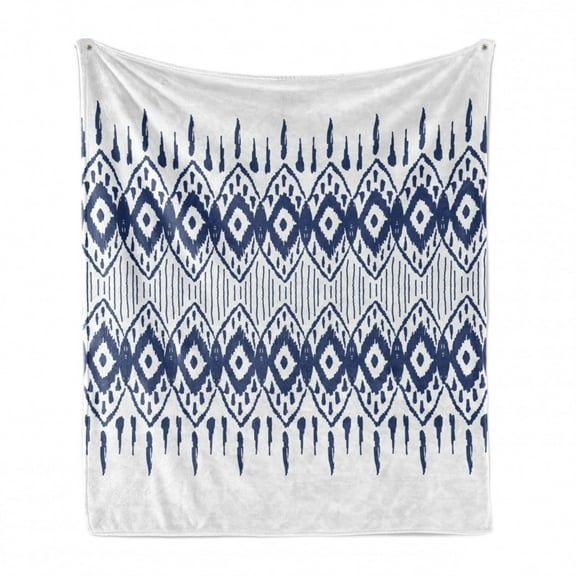Ikat Soft Flannel Fleece Throw Blanket, Traditional Design Borders Art Geometrical Motifs and Shapes, Cozy Plush for Indoor and Outdoor Use, 50" x 60", Navy Blue and White, by Ambesonne