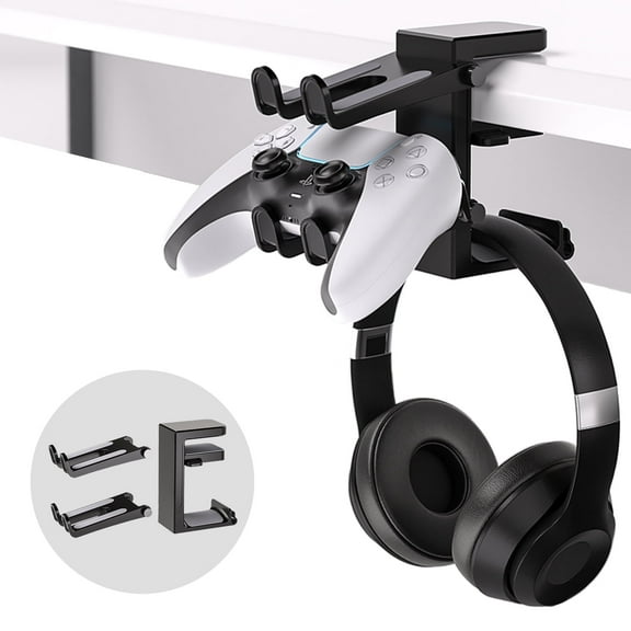Liboer 2 in 1 Controller and Headphone Holder for Desk, PC Gaming Headset Hook Hanger Mount, Under Desk 360° Rotating Adjustable Clamp-on Stand, Built-in Cable Organizer, Black