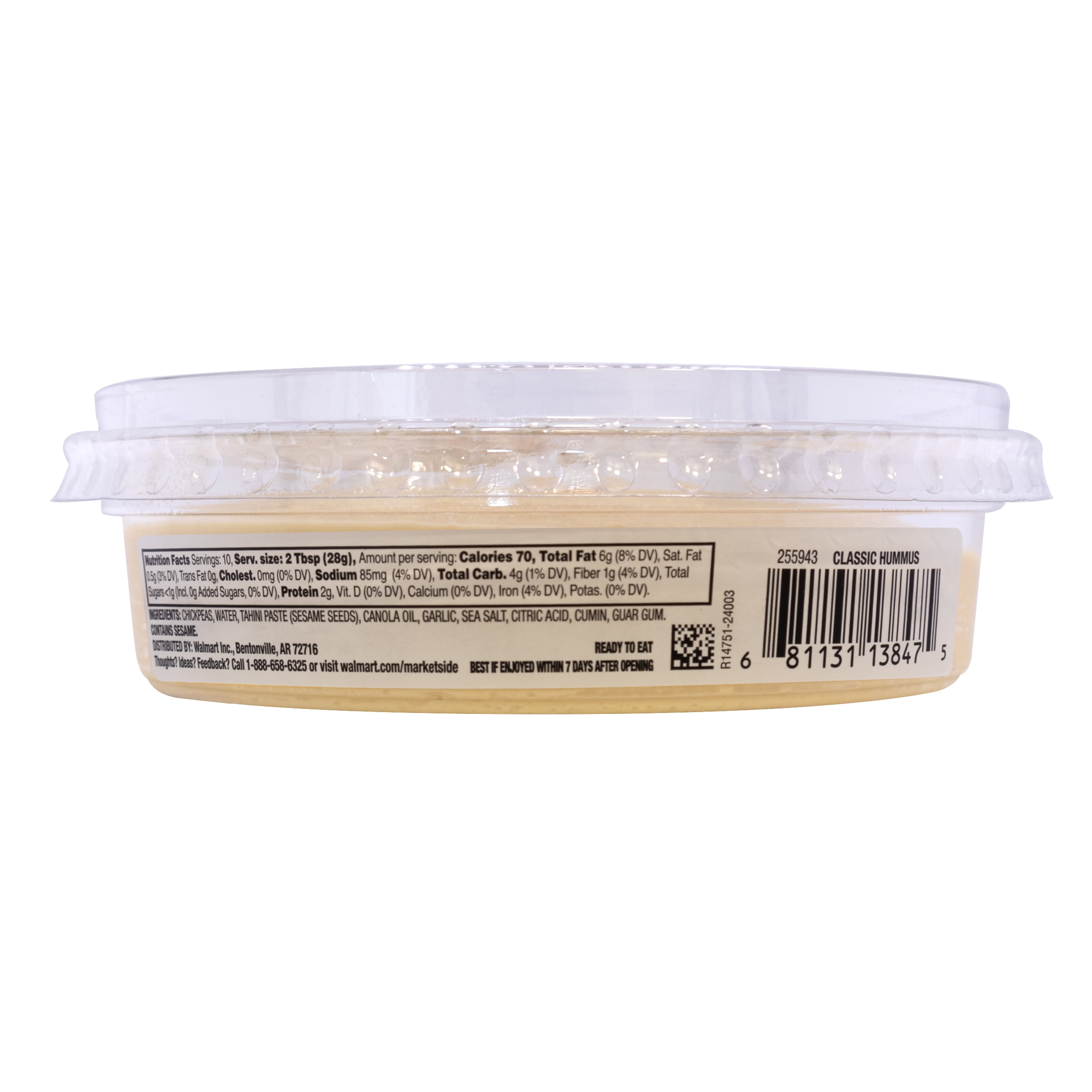 Marketside Gluten-Free Classic Hummus 10 oz, Ready to Eat, Resealable Cup, 2 Tbsp. (28g) Servings