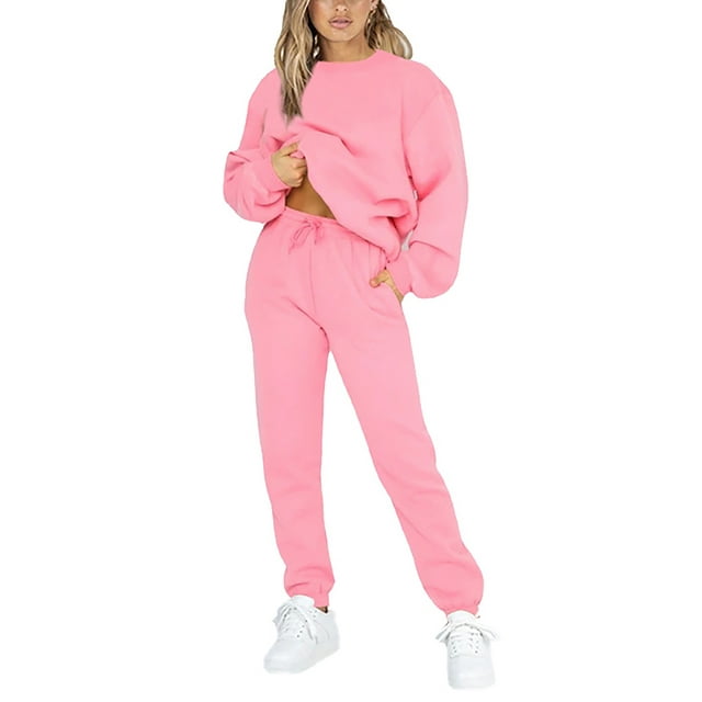 Innerwin Two Piece Outfit Drawstring Women Jogger Set Sports Long Sleeve Beam Foot Sweatsuits Pink L
