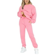 Capreze Long Sleeve Sweatsuits For Womens Solid Color Casual Lounge Sets Long Sleeve Activewear Joggers Outfits Pink XL