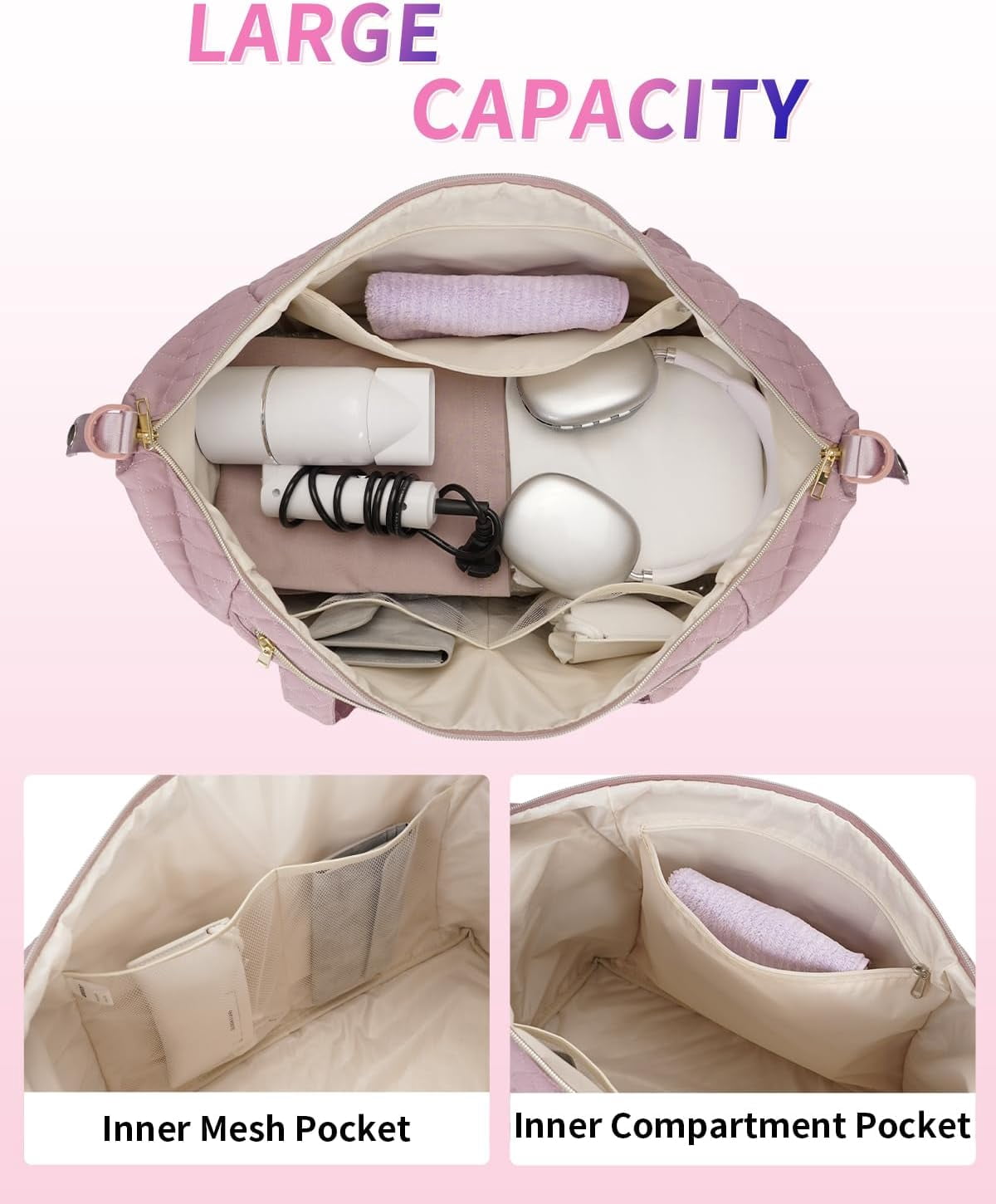 WANDF Travel Duffel Bags with Shoe Bag,Airline Approved Personal Item Bag for Women with Wet Pocket,Trolley Sleeve,Quilted Overnight Weekender Bag for Camping Gym Beach(Pink Bag)