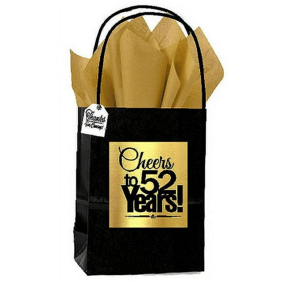 Black & Gold 52nd Birthday / Anniversary Cheers Themed Small Party Favor Gift Bags with Tags -12pack