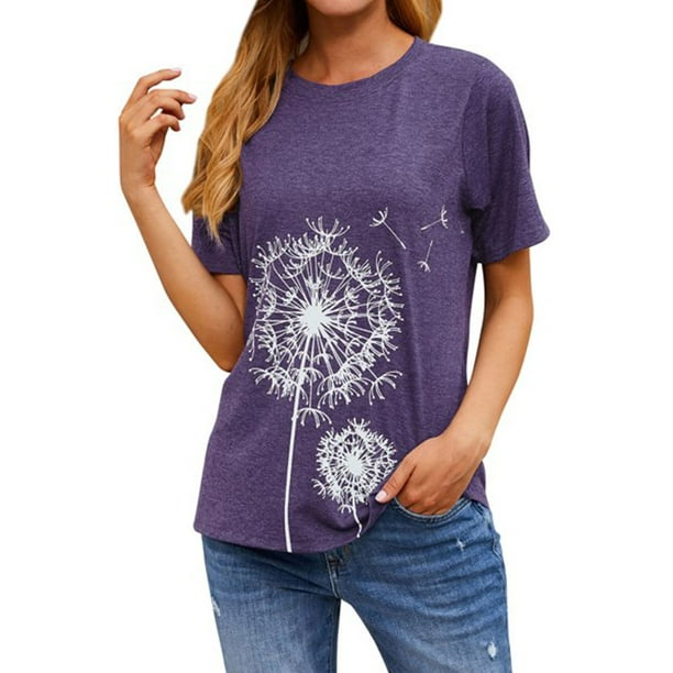 T-shirt Round Neck Printed Women Tops Women Top Round Polyester Short  Sleeve Summer Cloth, Purple, XL 