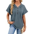thumbnail image 3 of Women Summer Tops Waffle Knit Short Sleeve Drawstring Hoodies Button V Neck Casual Blouses Shirts Gray-Blue M, 3 of 9