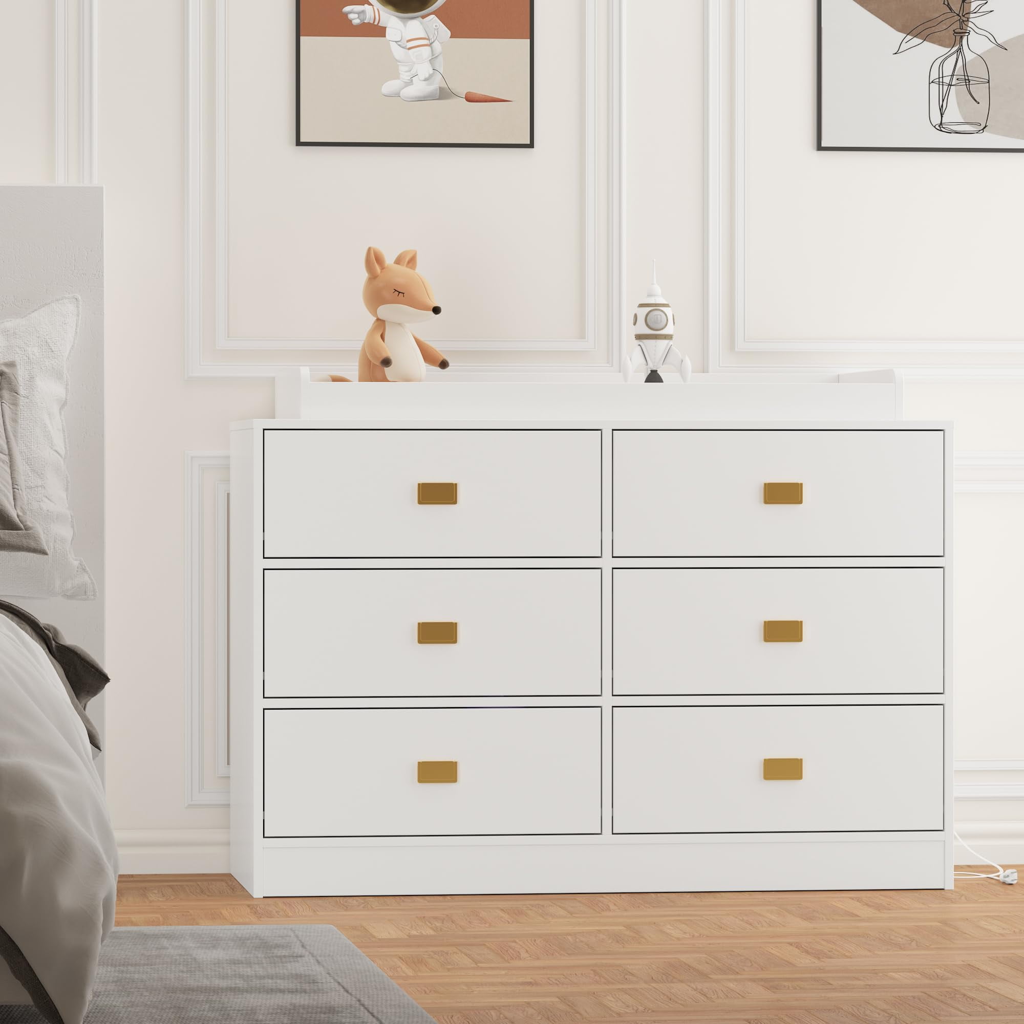 Changing Table Dresser with 6 Drawers& Power Outlets,Nursery Storage Organizer with Changing Pad & Removable Top,6 Drawers Dresser for Bedroom