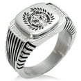 thumbnail image 1 of Stainless Steel Date Masamune Samurai Crest CZ Ribbed Needle Stripe Pattern Biker Style Polished Ring, 1 of 1