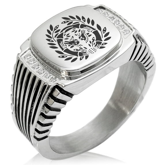 Stainless Steel Date Masamune Samurai Crest CZ Ribbed Needle Stripe Pattern Biker Style Polished Ring