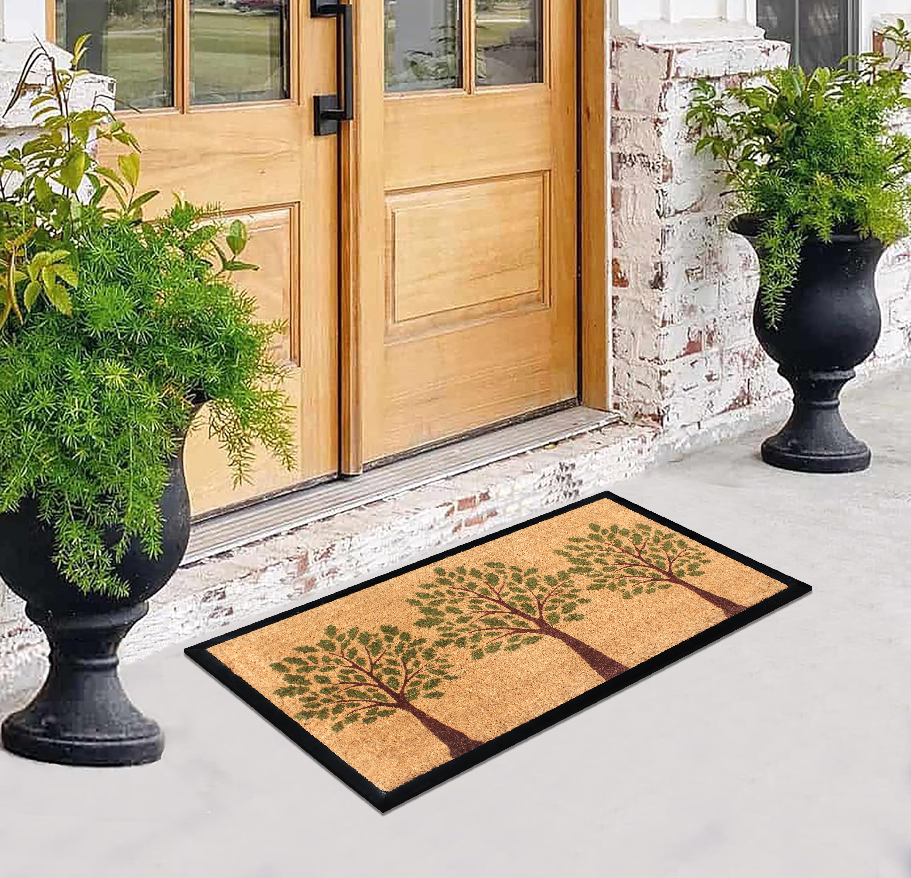 A1HC 24"x48" Green Three Tree Coir & Rubber Doormat, Durable Non-Slip Thin Large Welcome Mat for Front Door & High Traffic Areas