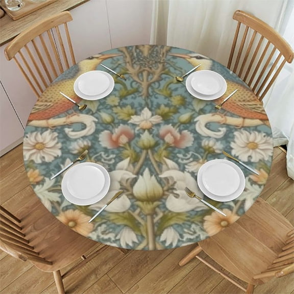 HAOXIT William Morris Floral Tablecloth Strawberry Thief Table Cloth for Round Tables Wipeable Polyester Fabric Table Cover Kitchen Dinning Decorations Washable