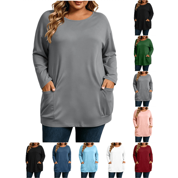 Plus Size Tops Nelozsy Fashion Women's Casual Solid Color Loose Long Sleeve Round-neck Oversize Shirt Gray XXXL