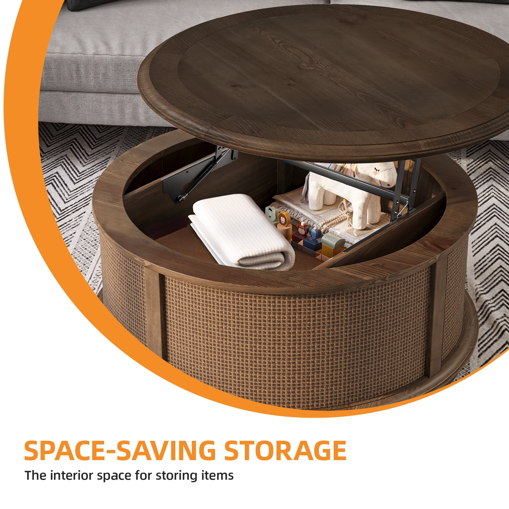 Uforic Round Lift-Top Coffee Table with Rattan Accents, Storage Table for Living Room, Gray Wood