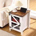 thumbnail image 4 of 18" Farmhouse Nightstand with Charging Station, Wood Side Table, End Table with Adjustable Shelf, Rustic Bedside Cabinet with Mesh Barn Door for Bedroom, Living Room, 4 of 7