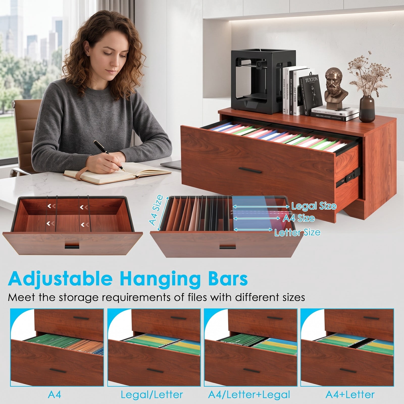 Furnibear 2-Drawer Lateral File Cabinet with Adjustable Bars, Wood Filing Storage Cabinet for Letter Legal A4 Files, Anti-Tilt Home Office Printer Stand, Walnut