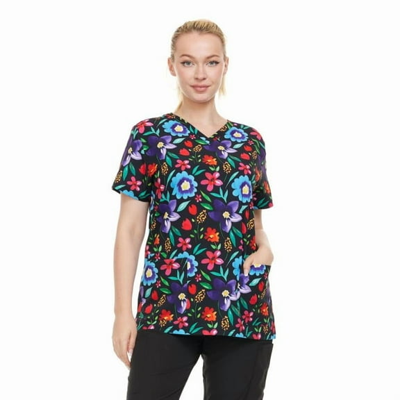 HEAL WEAR Women's Clinical Scrub Top Floral Print V-Neck, Soft Stretch 4-Way Stretch,Multi-Pocket Nursing Workwear