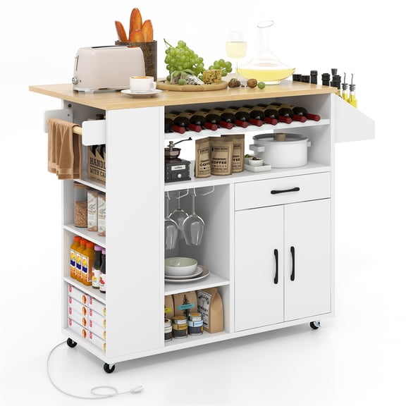 Gymax Drop-Leaf Kitchen Island Cart w/ Power Outlet Wine Rack Glass Holder Drawer