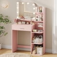 thumbnail image 3 of NEORIVER 32" Makeup Vanity Desk with Mirror and Lights, 3 Lighting Colors, 5 Storage Shelves & Large Drawer, Pink Vanity Set for Bedroom, Girls and Women, 3 of 9