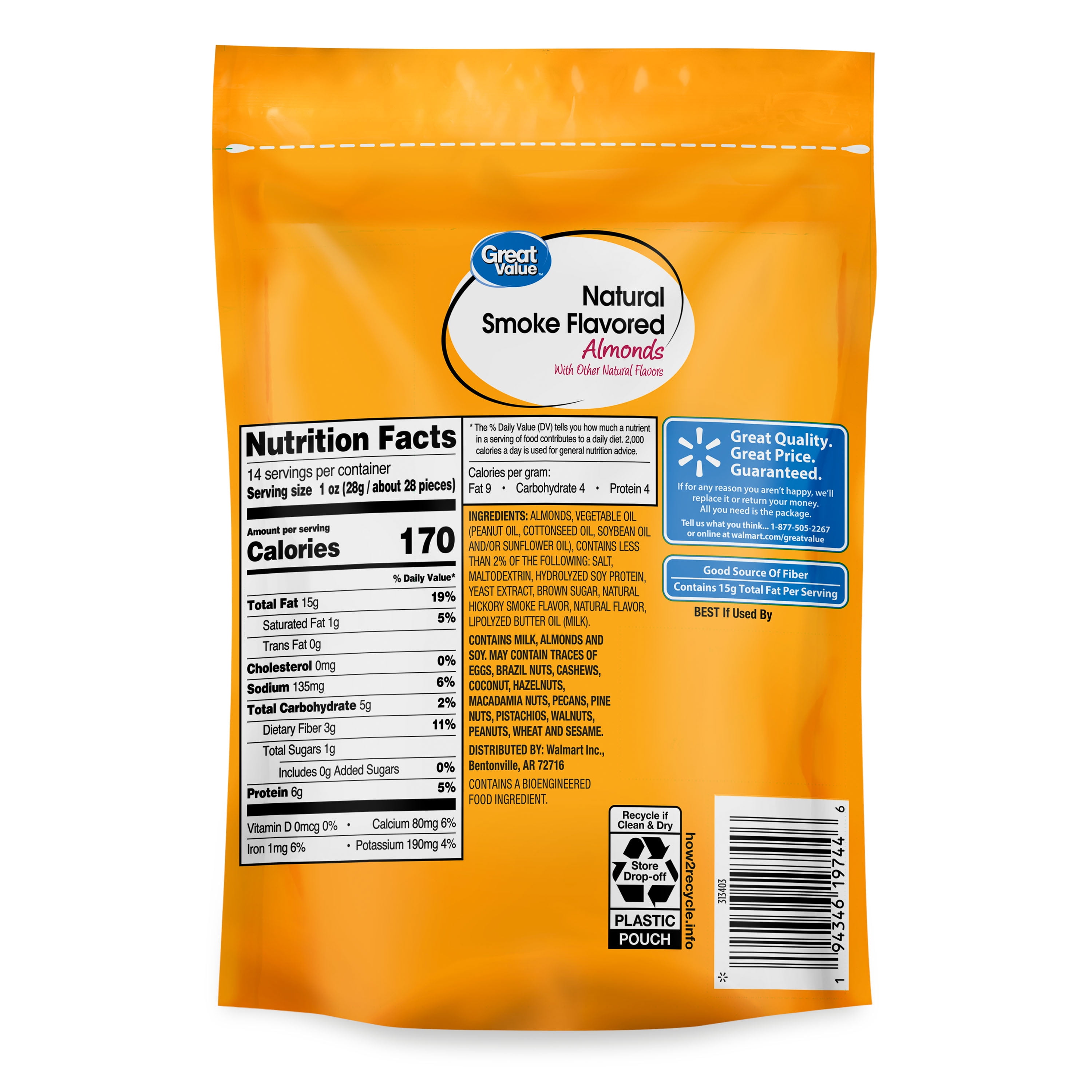 Great Value Natural Smoke Flavored Almonds, 14 oz