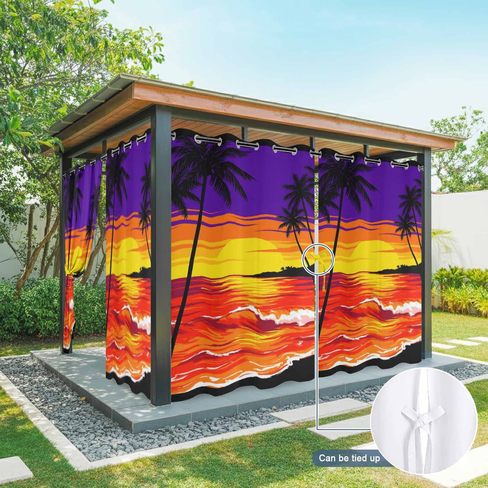 Sunset Beach Outdoor Curtains for Patio, Boho Tropical Palms Coastal Orange Evening Glow Sunshade Privacy Drapes Grommet Waterproof Outside Curtains for Porch/Cabana/Balcony 54"x 108", 1 Panel