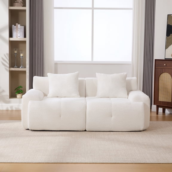 Noble House Marford 73" Modular Cloud Loveseat, Fuzzy Fabric Floor Sectional Sofa with Pillows, All-Foam, Ivory