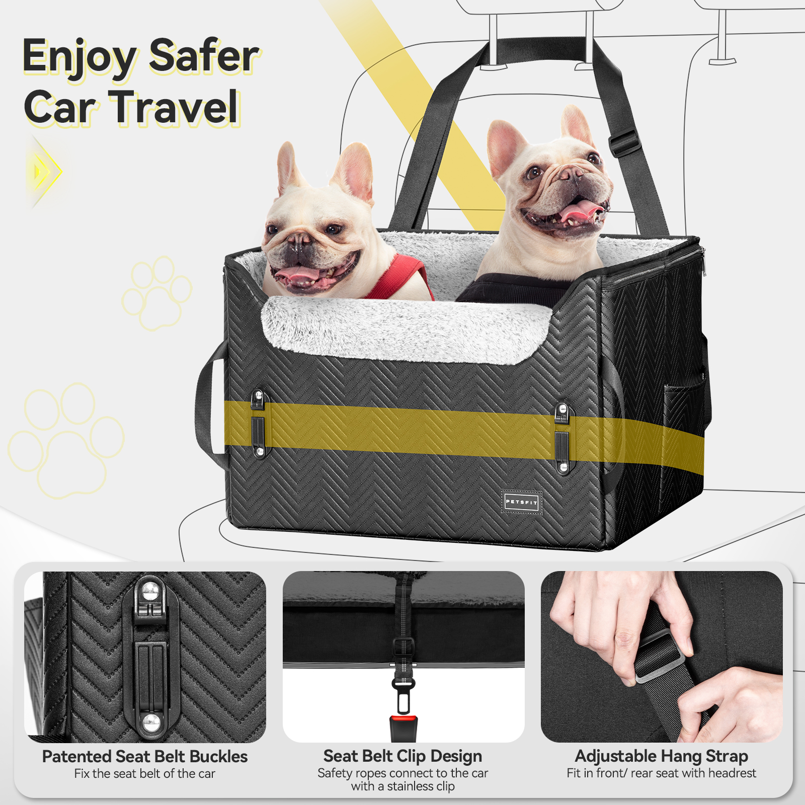 PETSFIT Dog Car Seat Medium Sized Dog, Waterproof PU Leather Dog Seat for Car with Patent Safe Buckles, 2 Clip-On Safety Leashes, Black