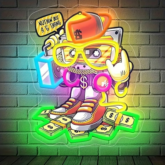 Hip-Hop Tape Neon Sign - Retro '80s USB-powered wall art with green & pink glow. Perfect for home, club, or party. Easy mounting, no wiring needed.