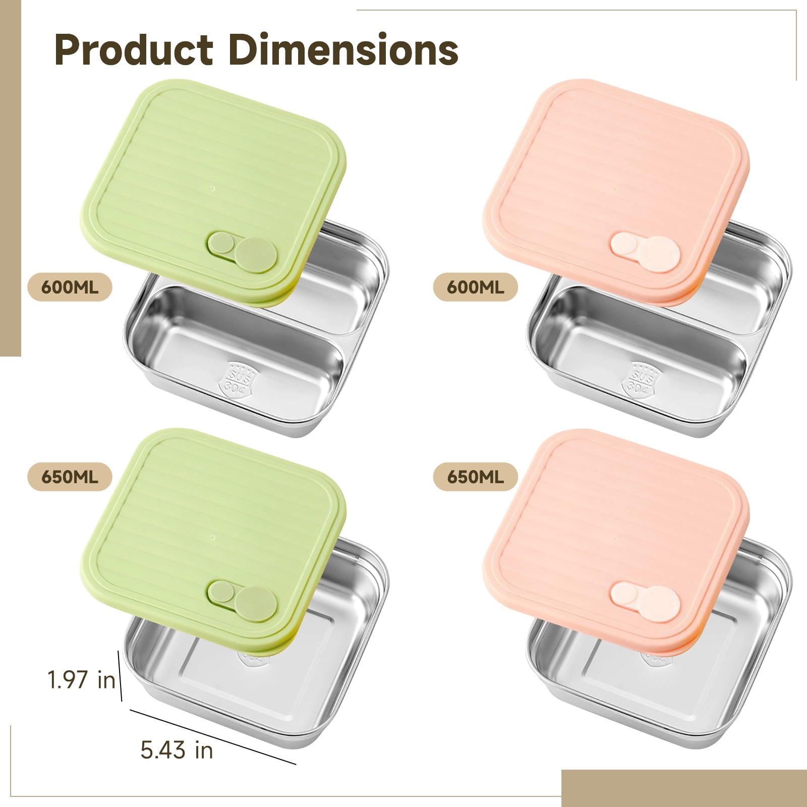 4 Pcs Stainless Steel Lunch Box Set with Leak Proof Silicone Lids, 304 Food Grade Metal Meal Prep Containers Includes 2 Single and 2 Double Compartments, Stackable Bento Box for Adults Office Picnic