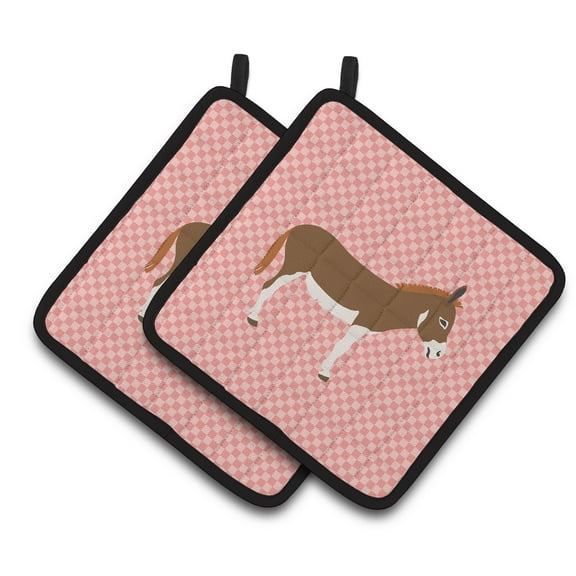 Caroline's Treasures Miniature Mediterranian Donkey Pink Check Pair of Pot Holders