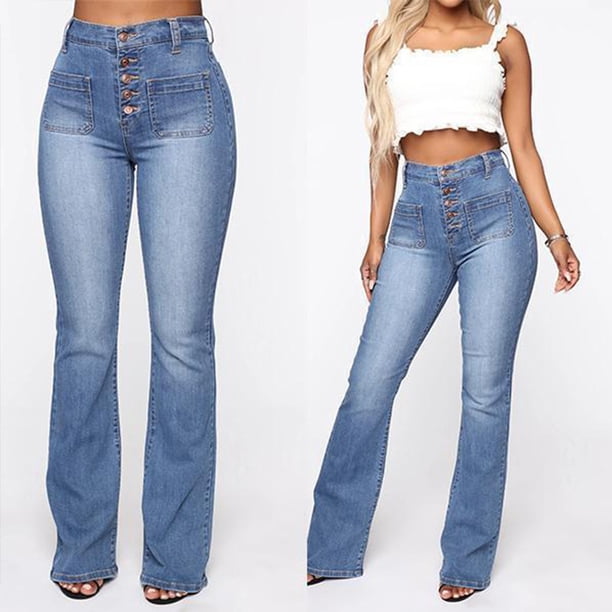 Pantalones vaqueros de mujer con hebilla de clavo, bolsa con pegatinas, pantalones vaqueros lavados, botones adornados