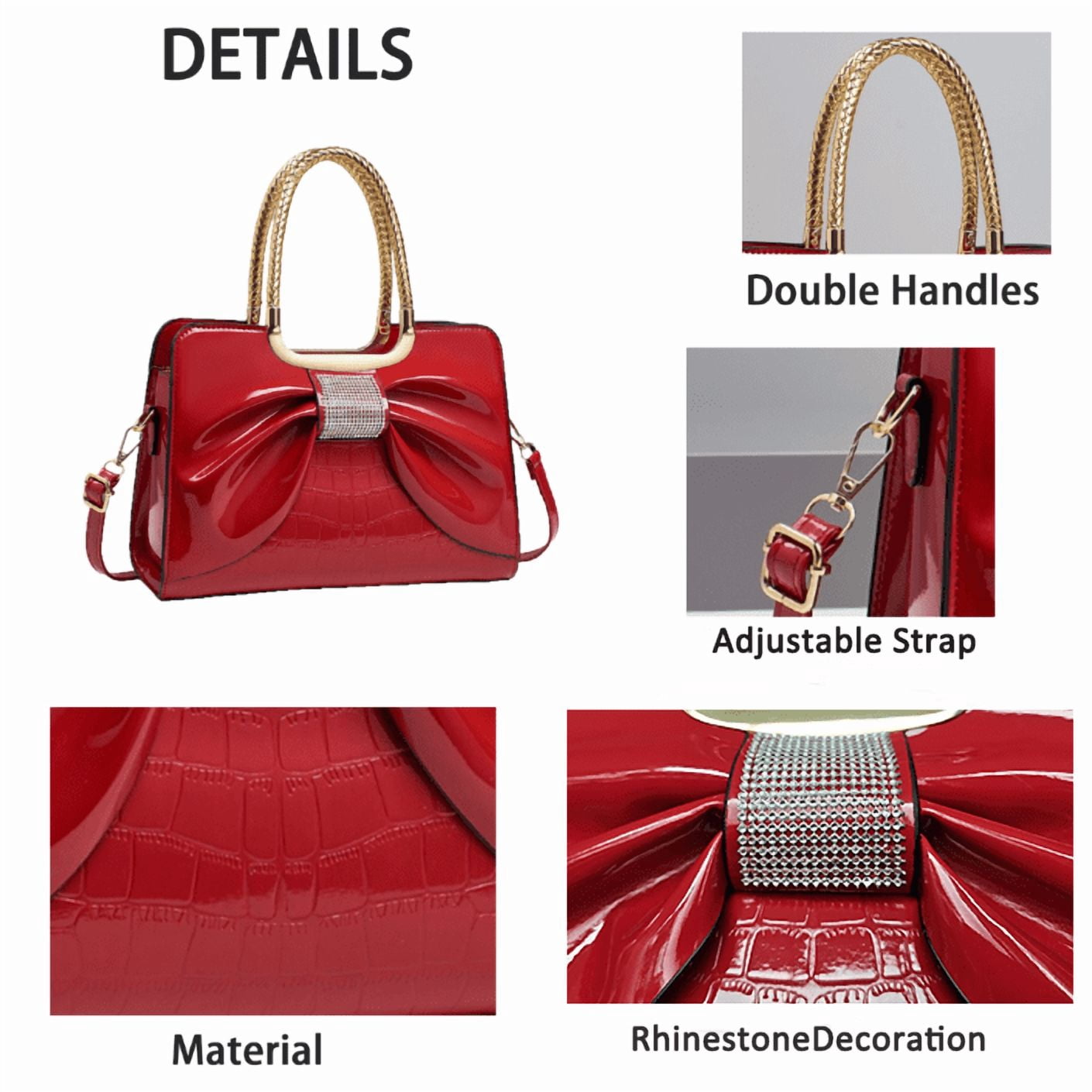 PORT&LOTUSWomen's Glossy Pink Patent Leather Tote Bag with Bow & Rhinestone Detail, Gold-Tone Braided Handles, Convertible Crossbody Strap