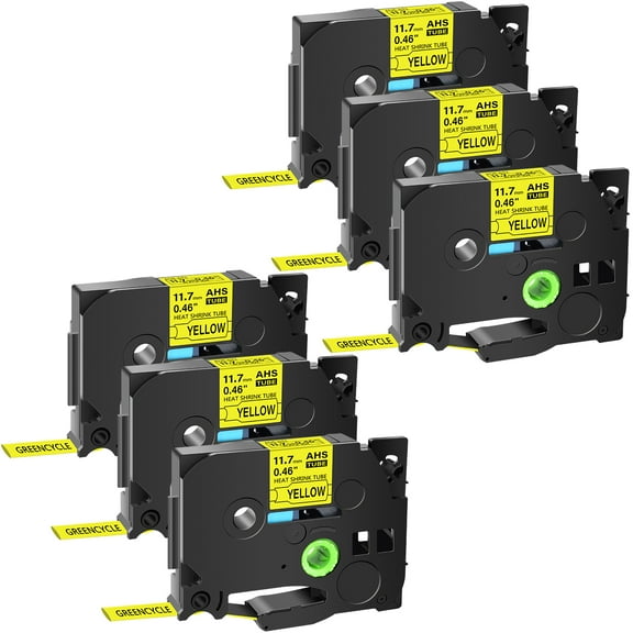 GREENCYCLE 6PK Compatible for Brother P-touch HSE-631 HS-631 HSe631 HS631 11.7mm 0.46" Black on Yellow Heat-shrink Label Tape