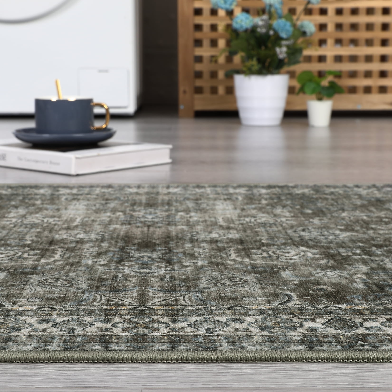 Garvee 5'x7' Washable Boho Area Rug Retro Floral Distressed Rug Low Pile Stain-Resistant Non-Slip Floor Cover Home Floor Decor, Brown Green