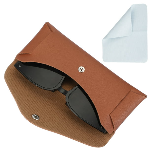 Estuche de gafas de cuero con botón y paño de limpieza para hombres y mujeres (Khaki)